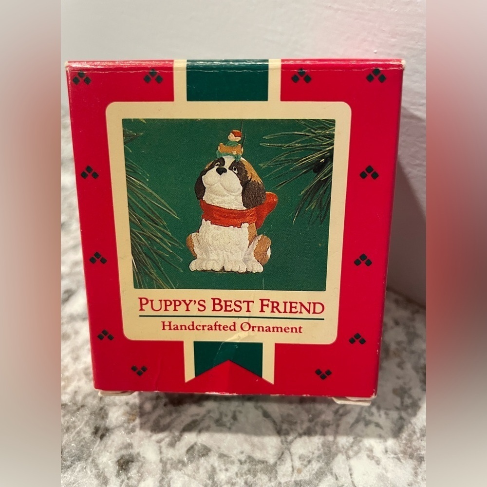 Hallmark Puppy Ornament - Red and Green “puppy’s best friend” St Bernard